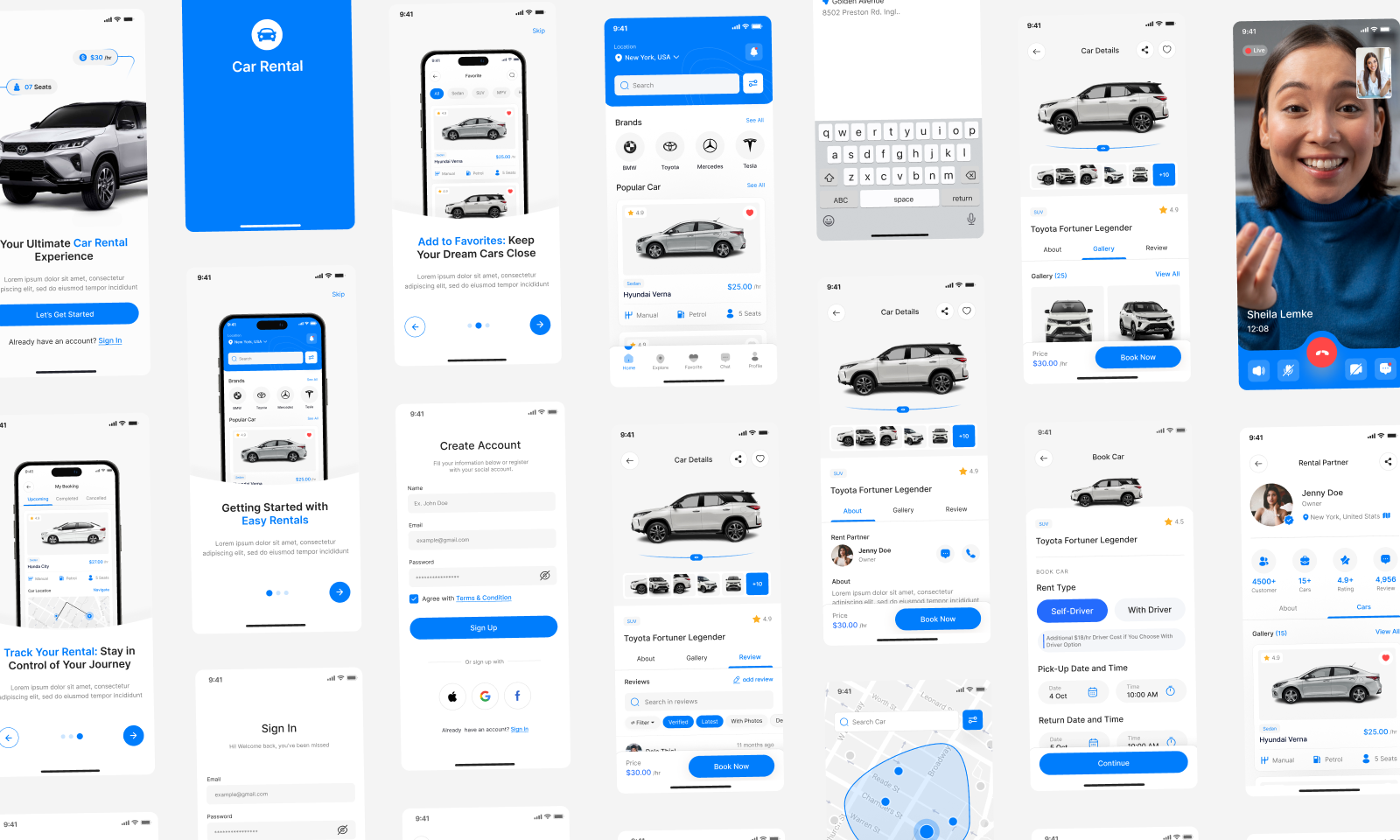 car rental app ui kit, car rental app ui design, car rental ui figma