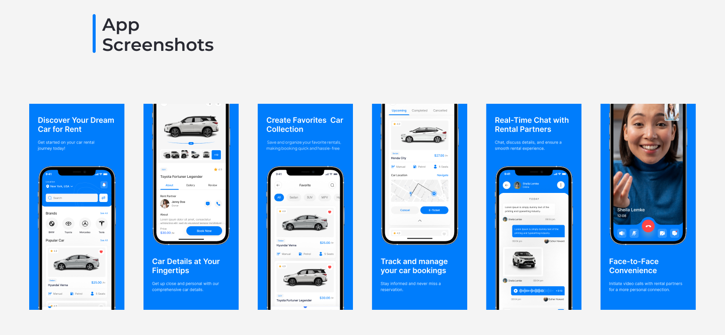 Car Rental App UI screenshots