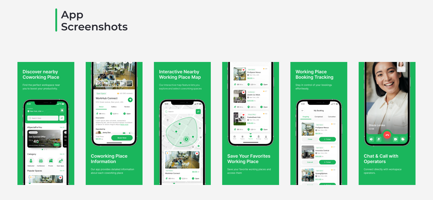 coworking space booking app screenshots