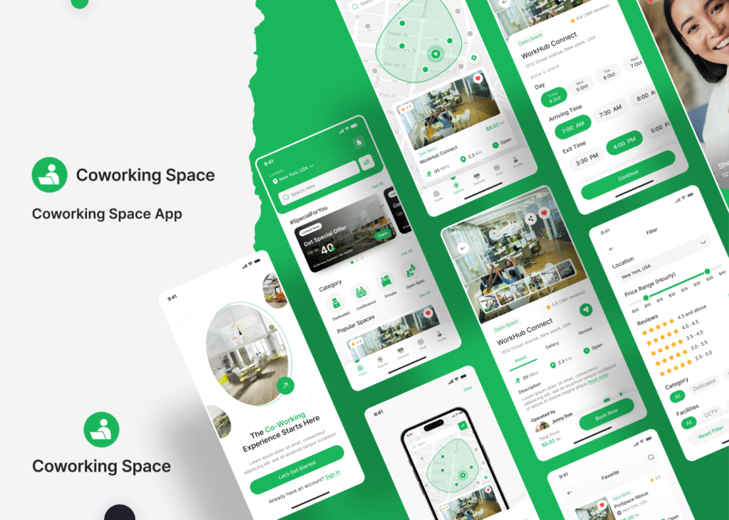 coworking space booking app ui kit
