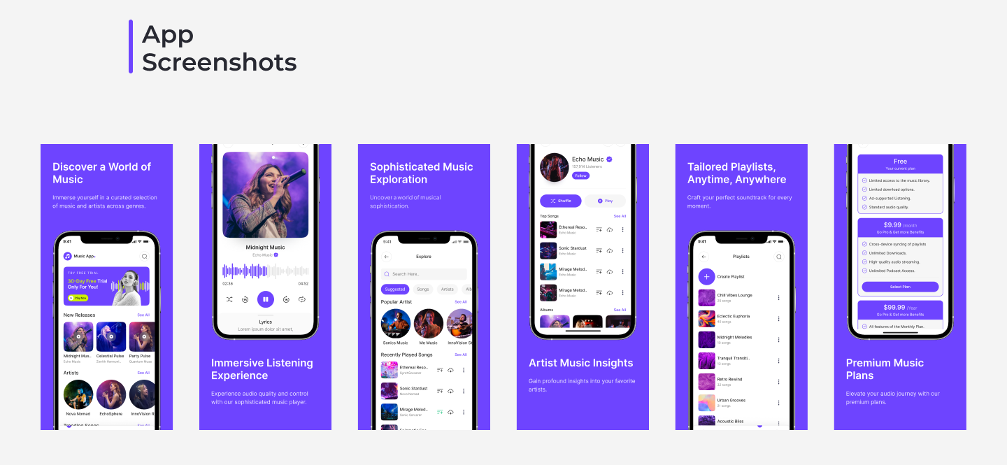 music mobile app ui screenshots