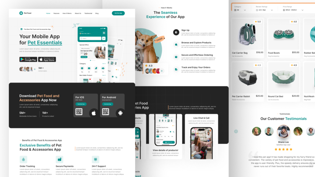pet food and accessories app landing page ui ux design