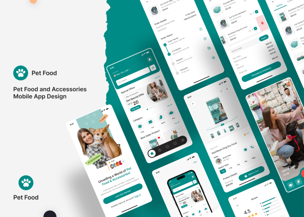 Pet Food And Accessories Mobile App UI Kit [55+ Screens] Figma