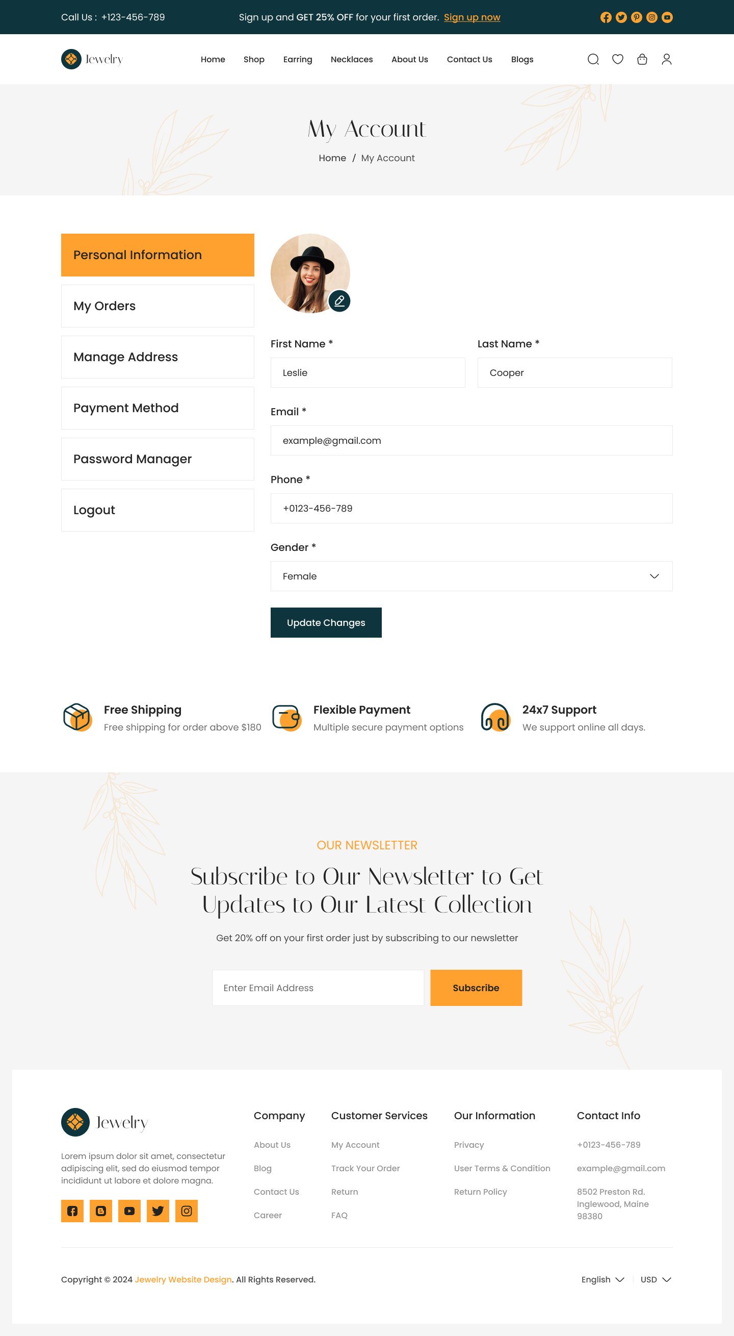 jewellery ecommerce website My Account Personal information page ui ux design