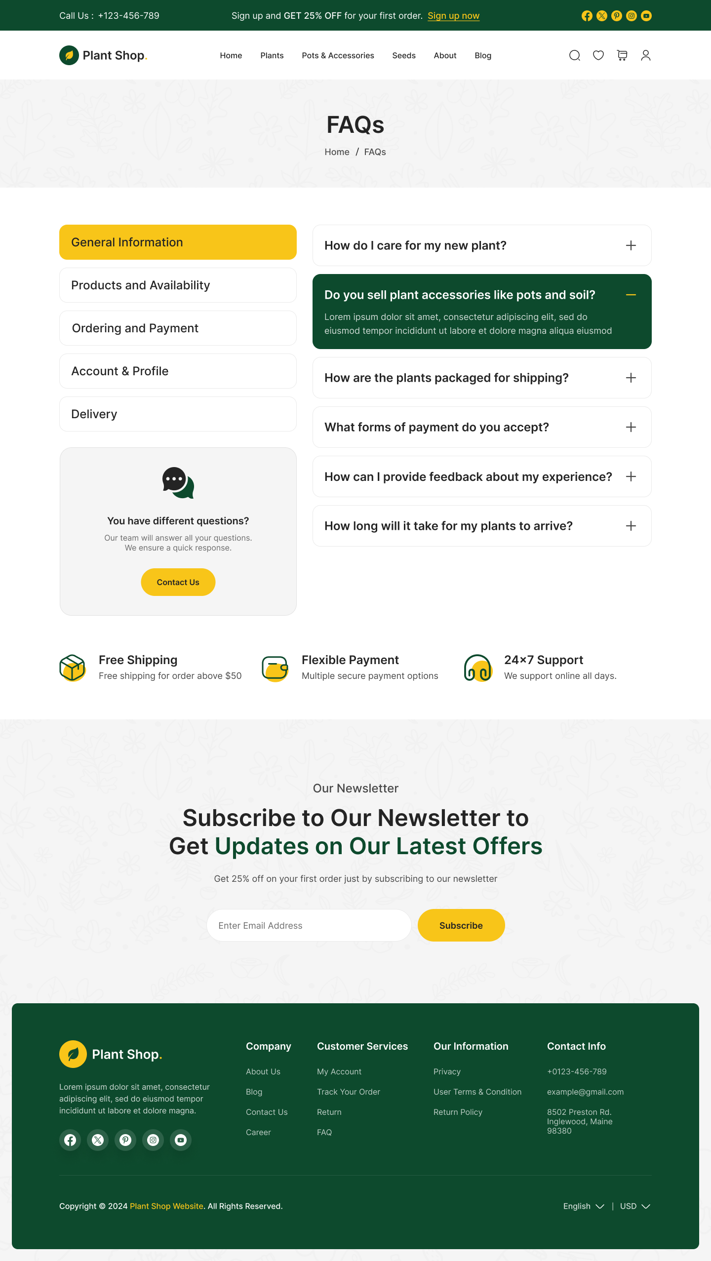 plant store website figma design ui ux faqs page design