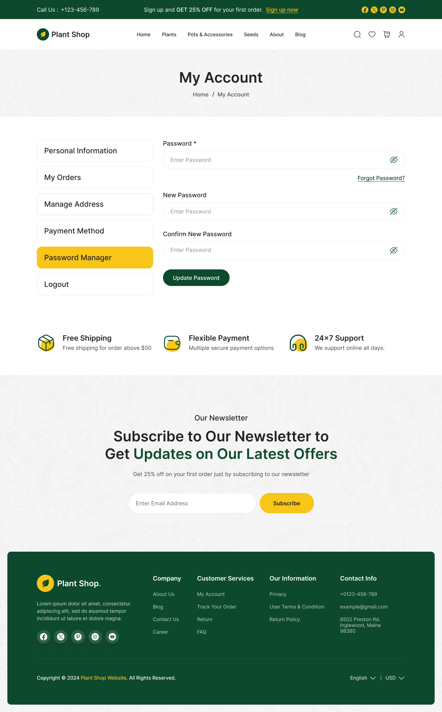 plant store website figma design ui ux my account password manager page design