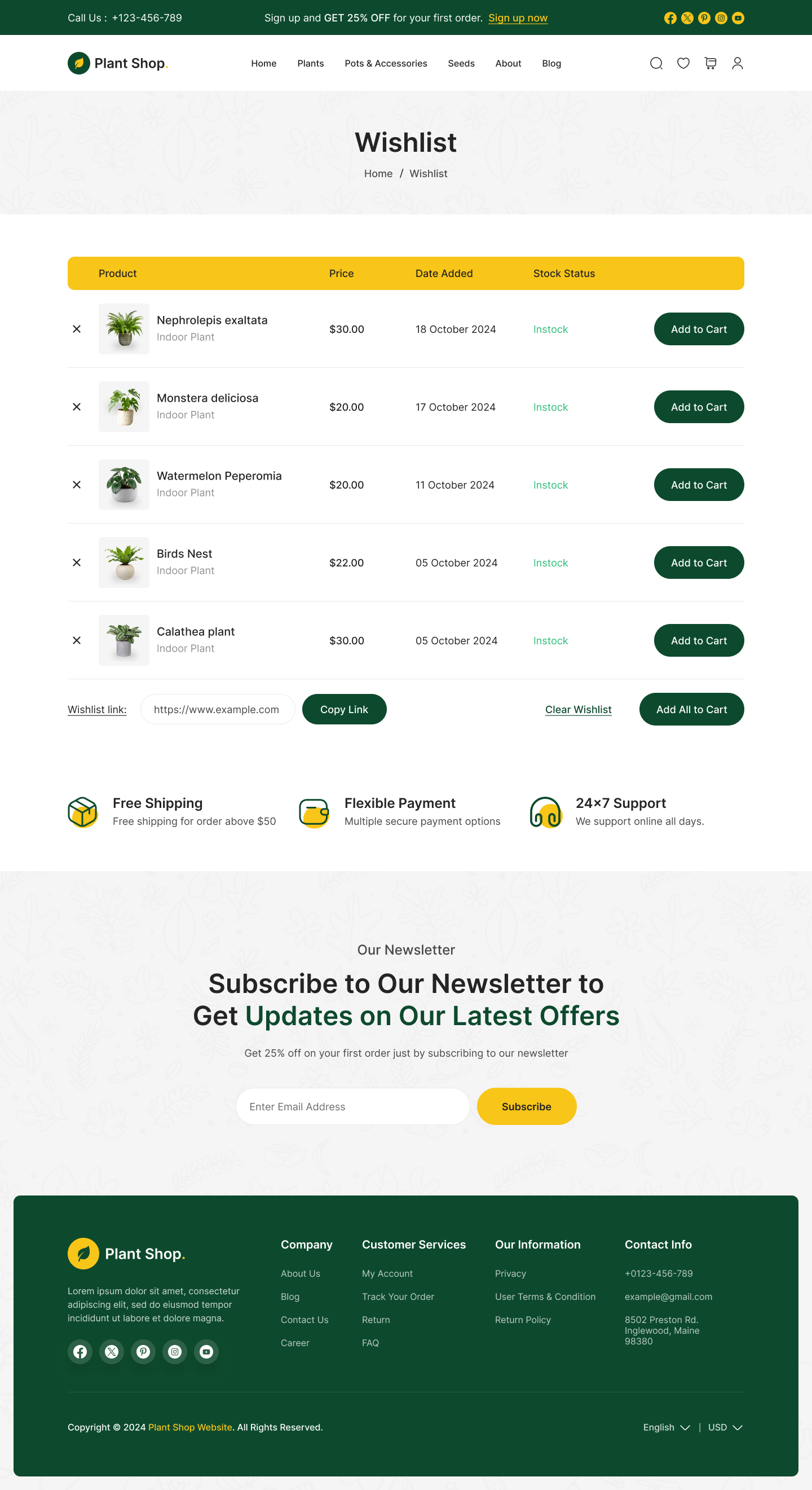 plant store website figma design ui ux wishlist page design