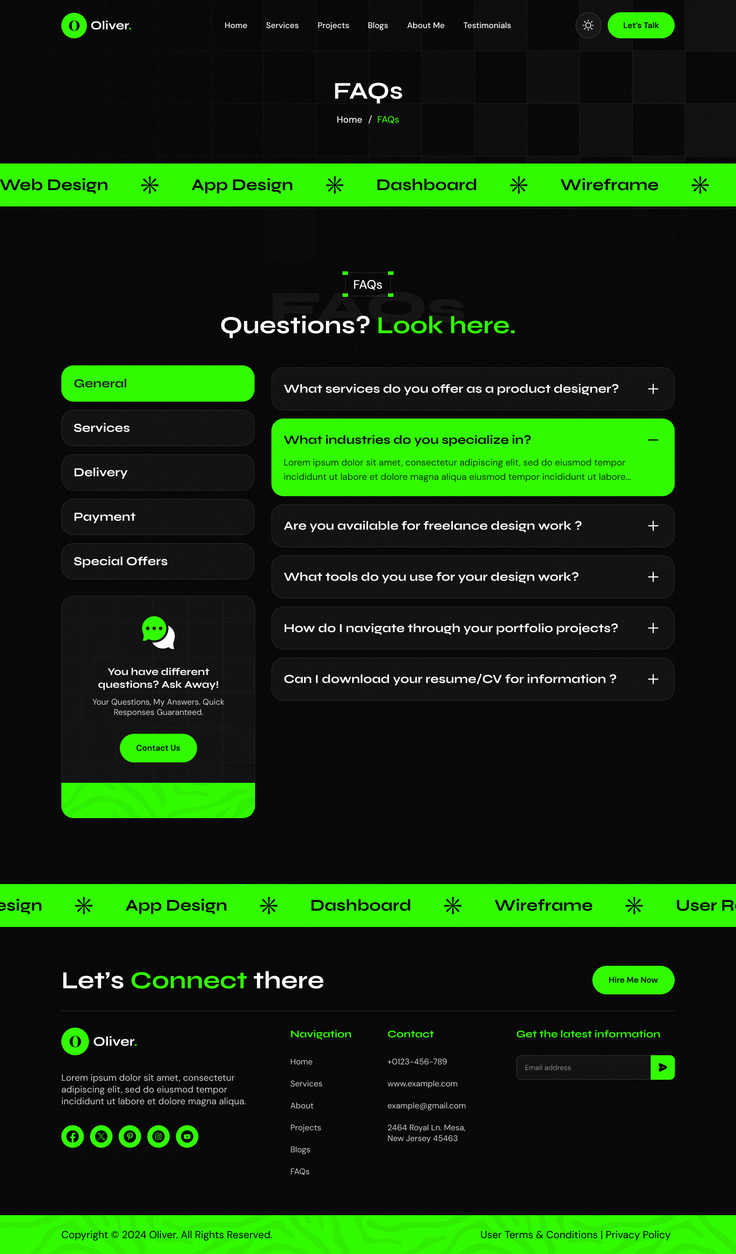 personal portfolio website figma ui ux faqs Dark mode design