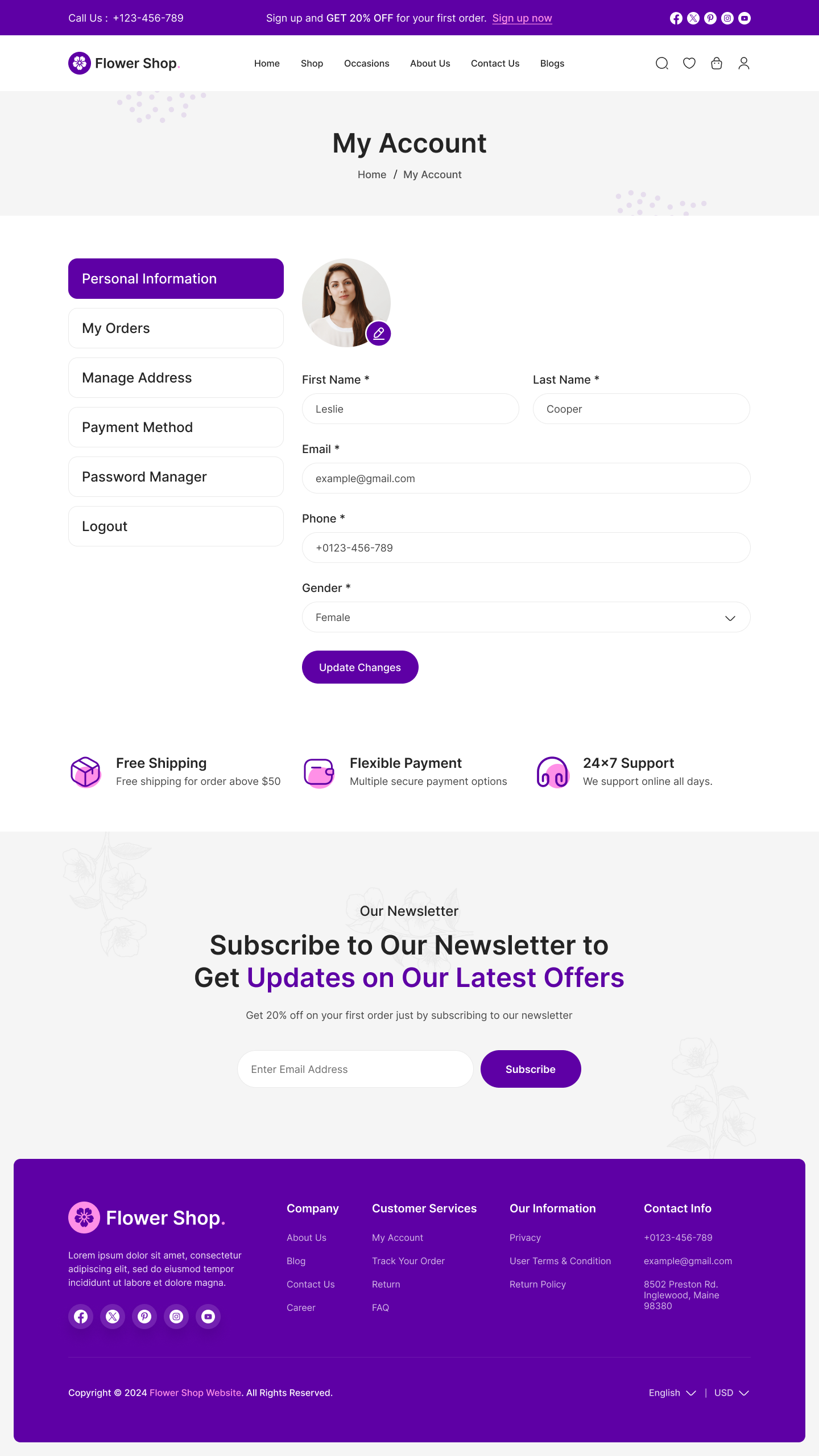 flower ecommerce website figma ui ux My Account Personal Information Page Design