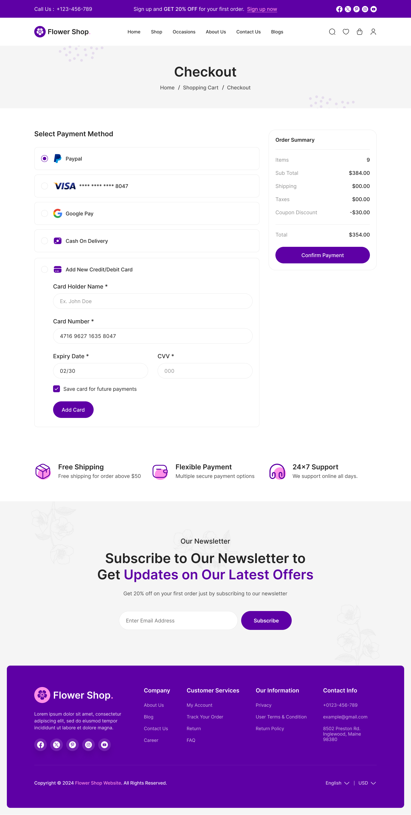 flower ecommerce website figma ui ux Check Out Payment Method Page Design page design