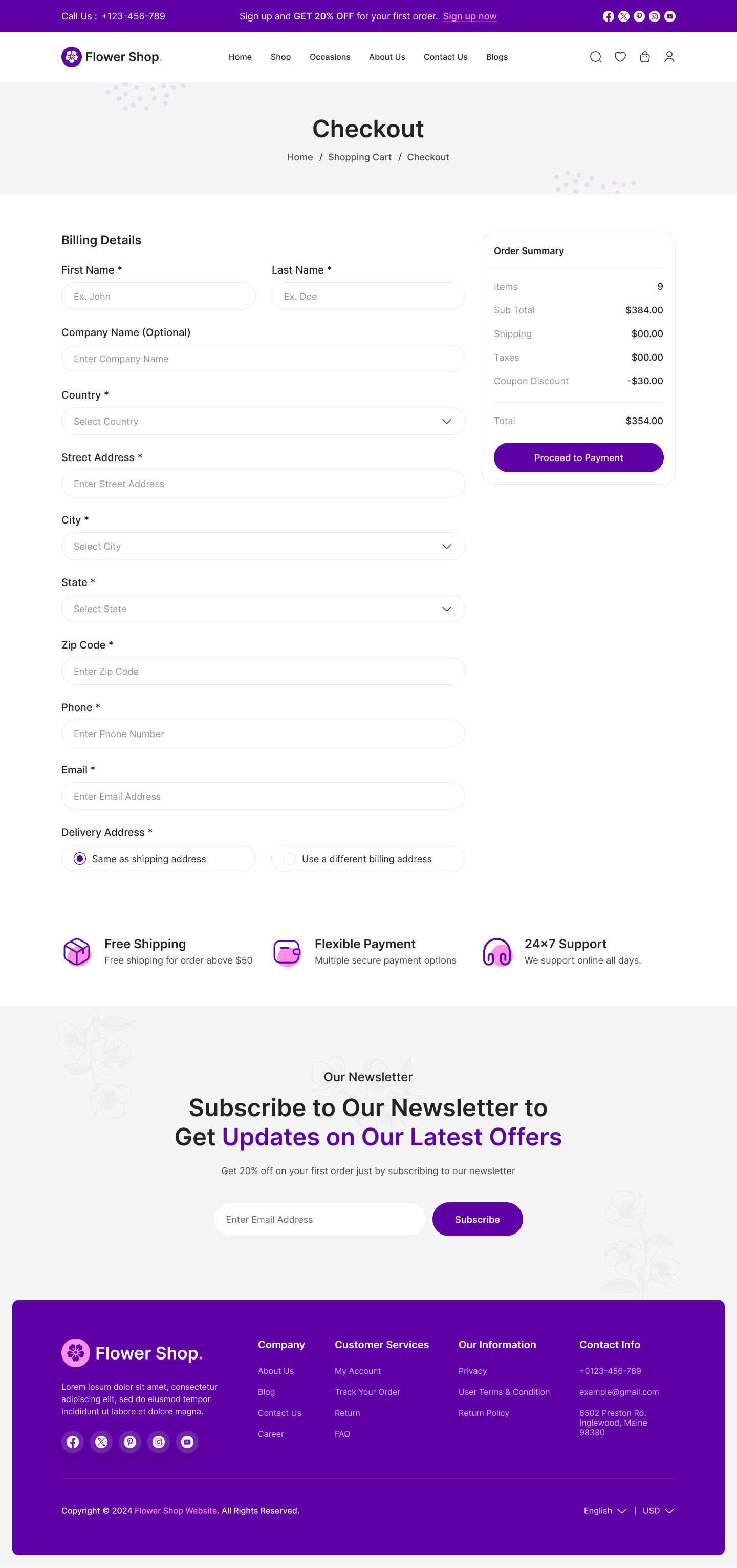 flower ecommerce website figma ui ux Checkout Billing Address Page Design page design