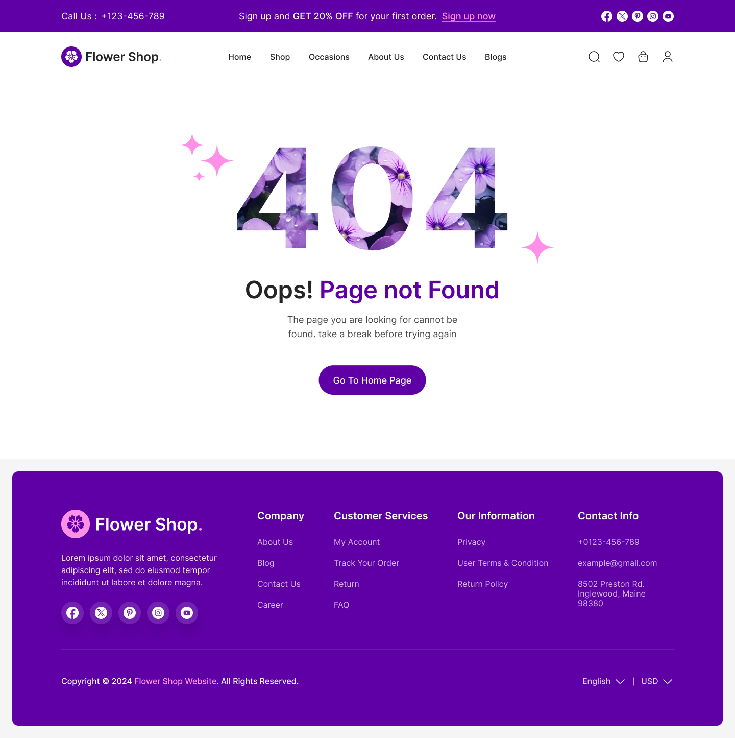 flower ecommerce website figma ui ux Error 404 Page Design