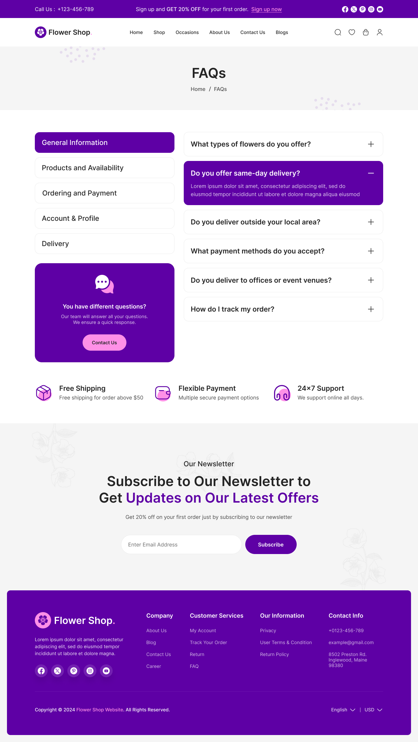 flower ecommerce website figma ui ux FAQs Page Design Page Design