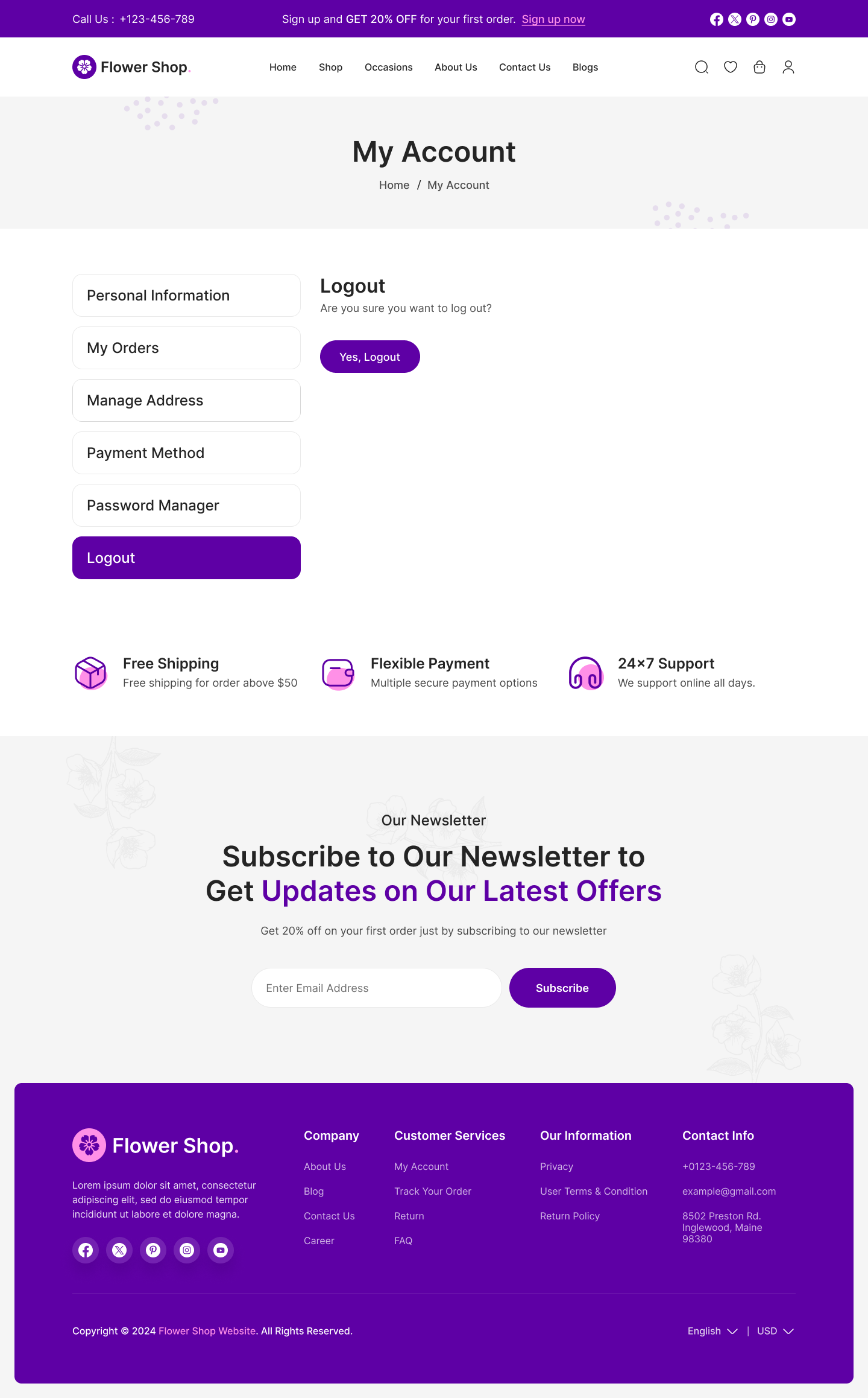 flower ecommerce website figma ui ux My Account Logout Page Design