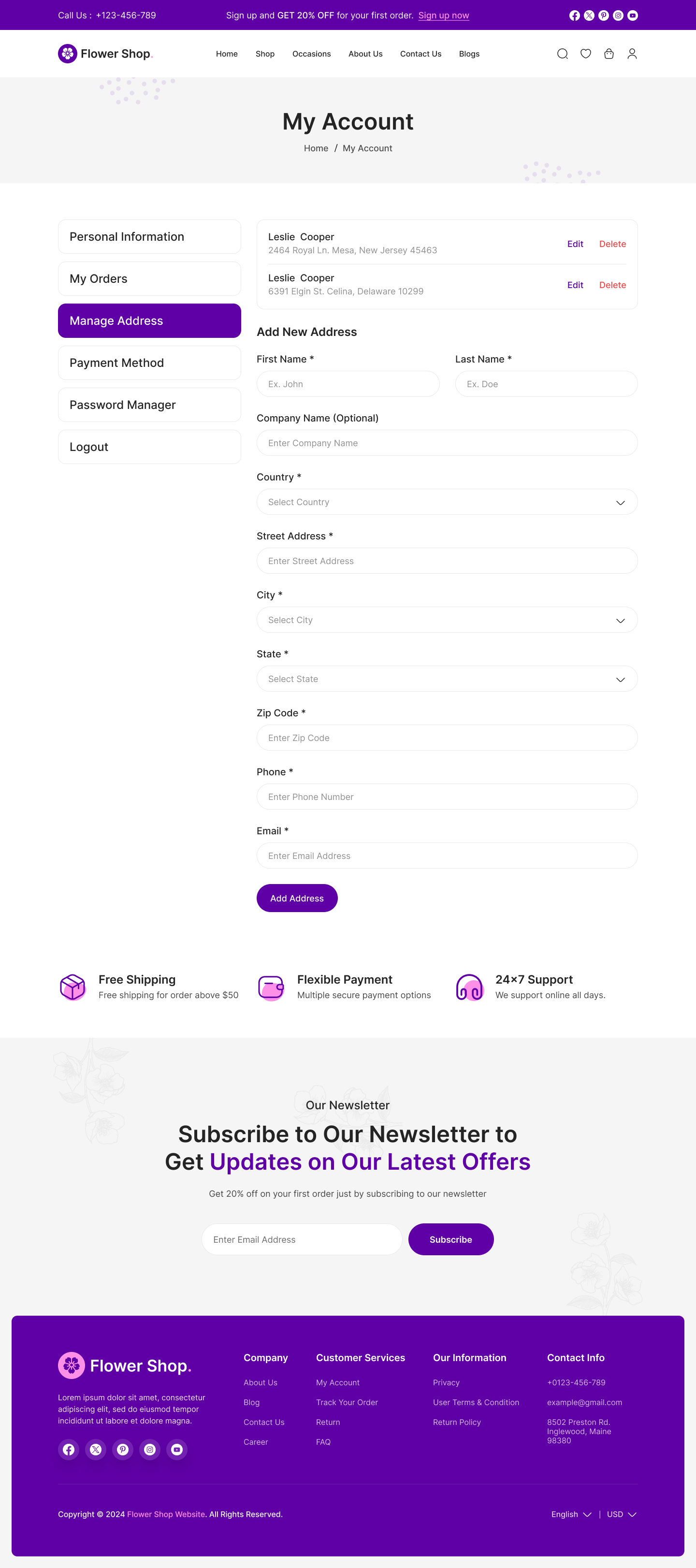 flower ecommerce website figma ui ux My Account My Address Page Design