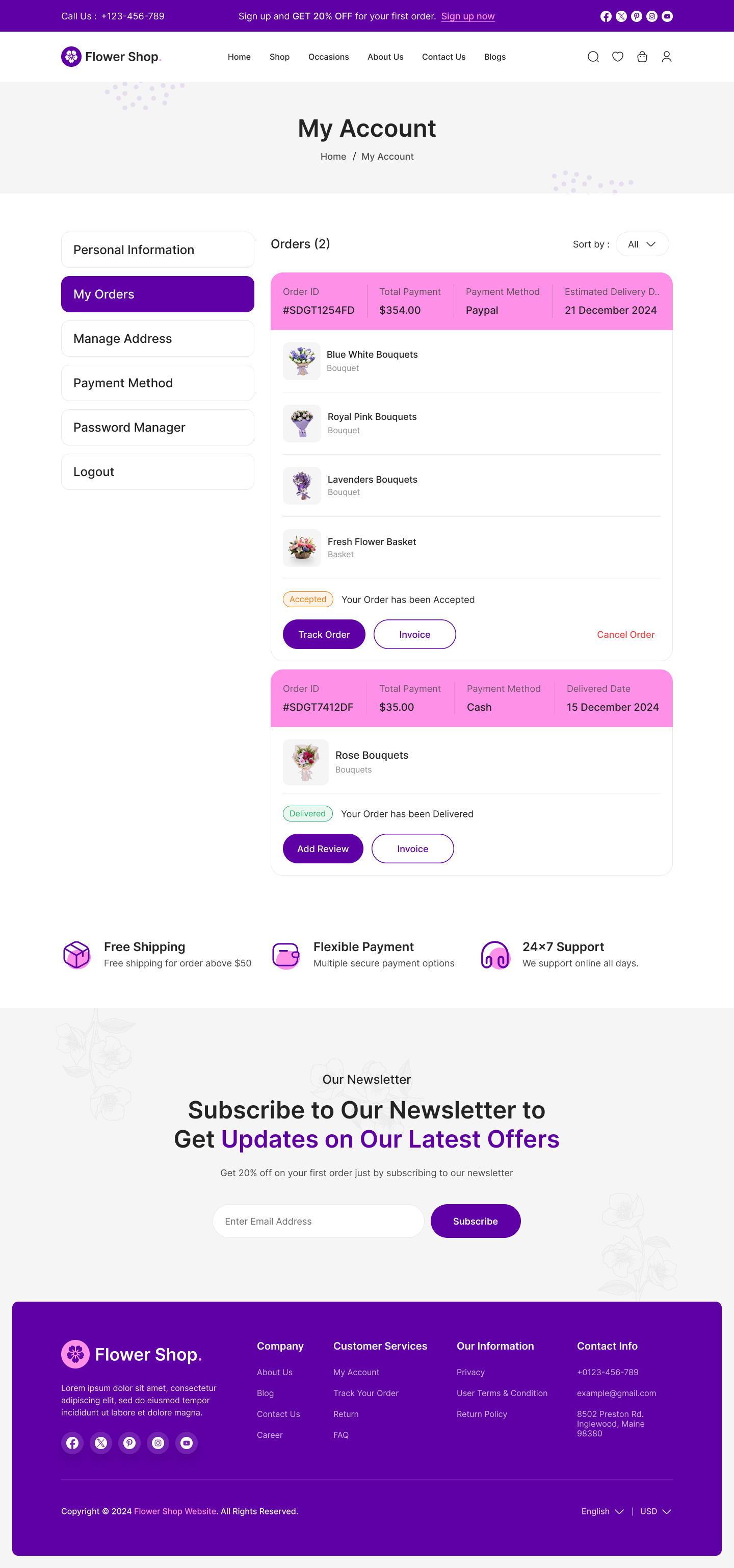 flower ecommerce website figma ui ux My Account My Order Page Design