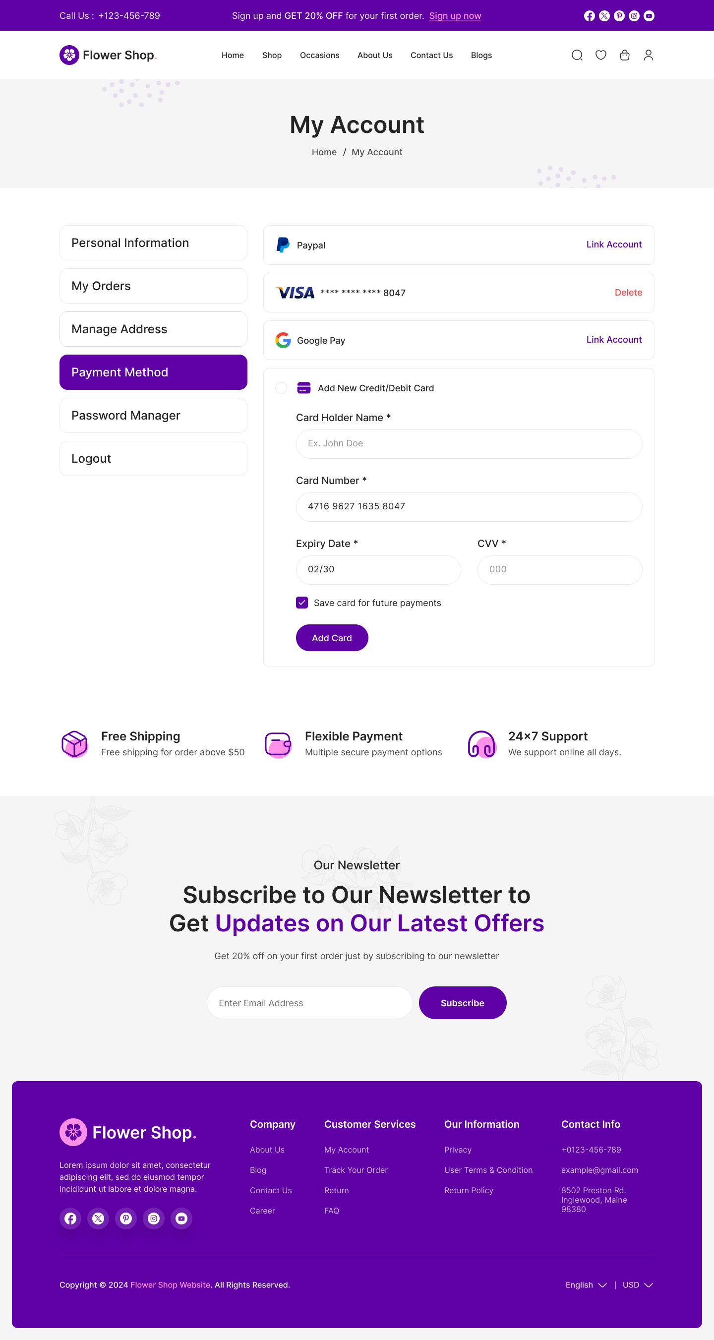 flower ecommerce website figma ui ux My Account Payment Method Page Design