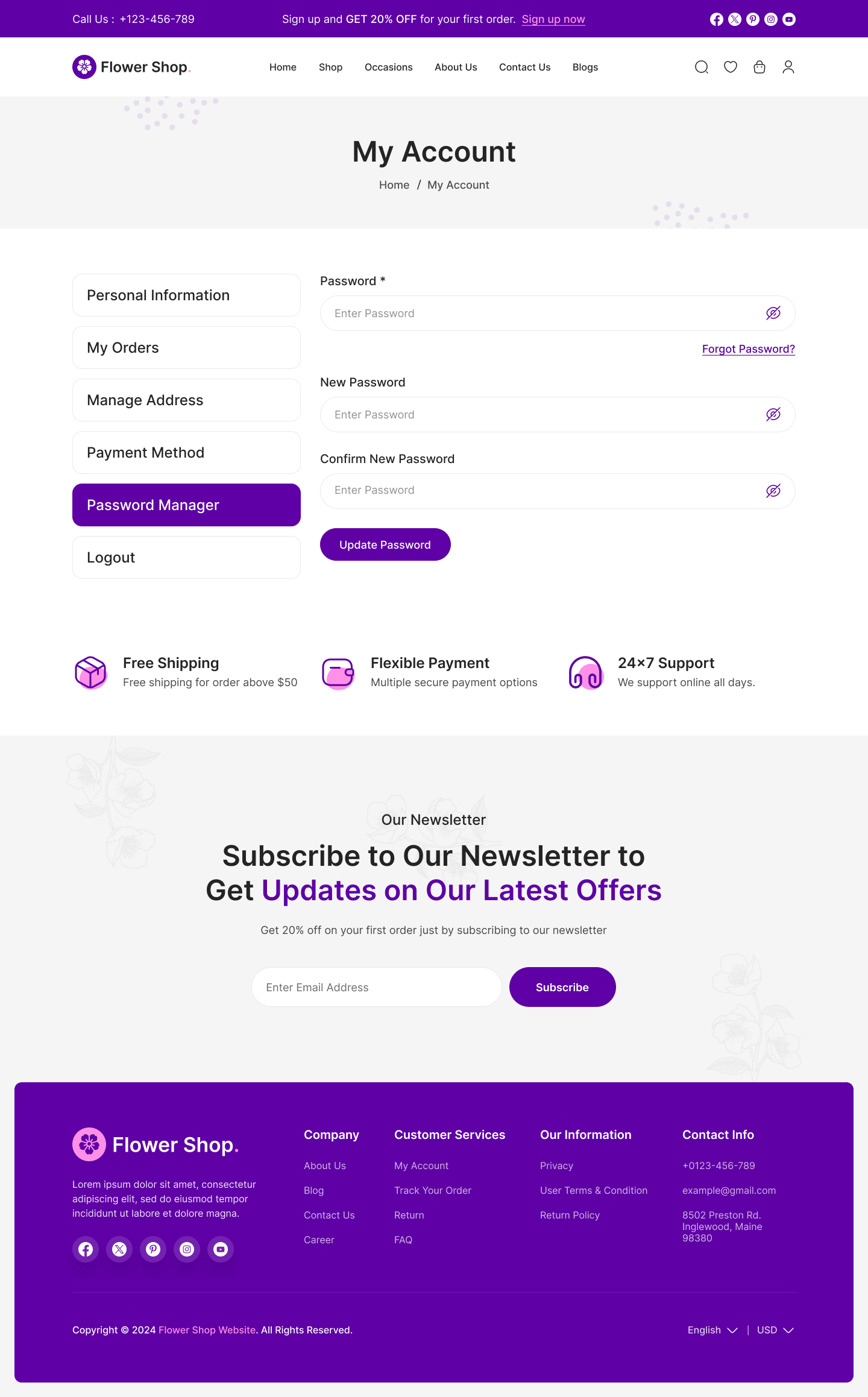 flower ecommerce website figma ui ux Password Manager Page Design