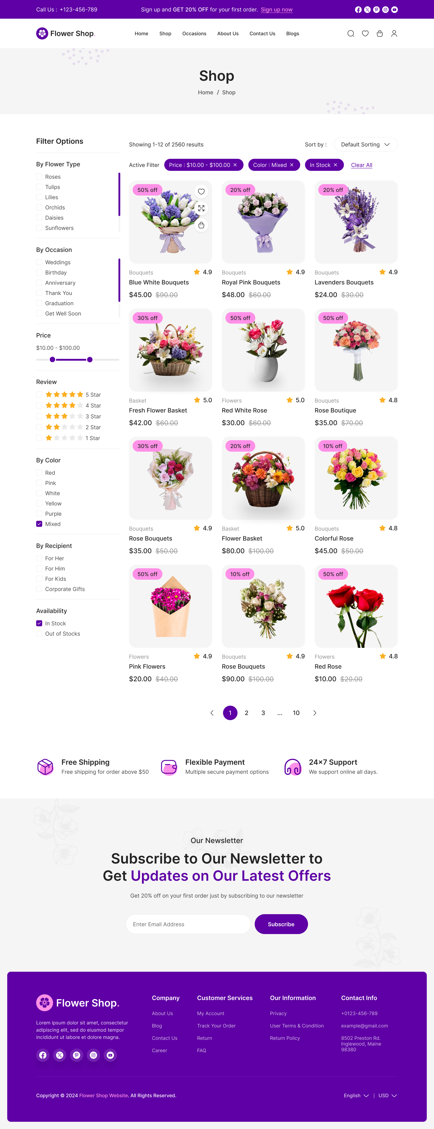 flower ecommerce website figma ui ux Shop page design