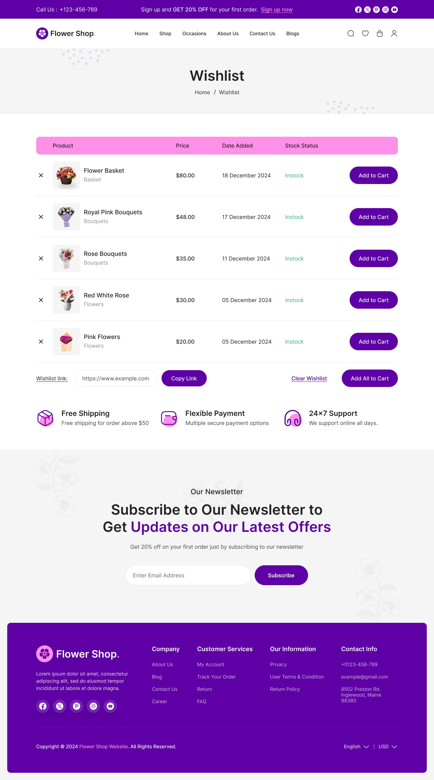 flower ecommerce website figma ui ux Wishlist Page Design